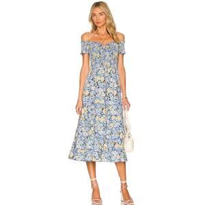 Heartloom Women’s Off The Shoulder Smocked‎ Mina Midi Dress Size S Blue Yellow
